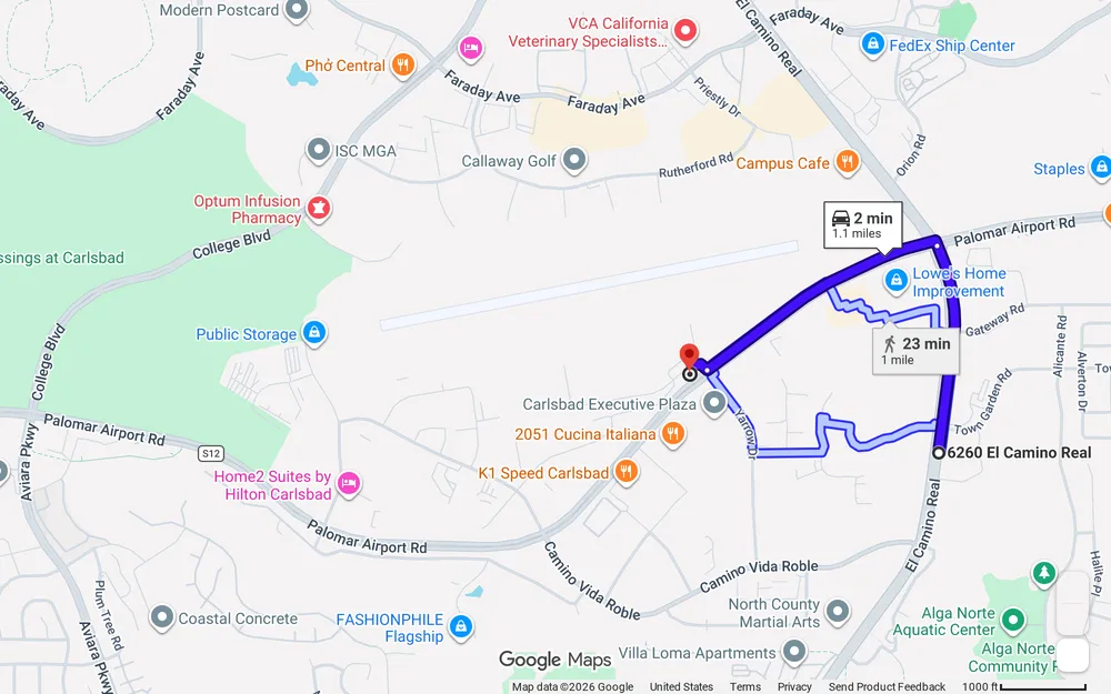 Map showing the driving route from Dr. Hirsch's Carlsbad office to McClellan-Palomar Airport