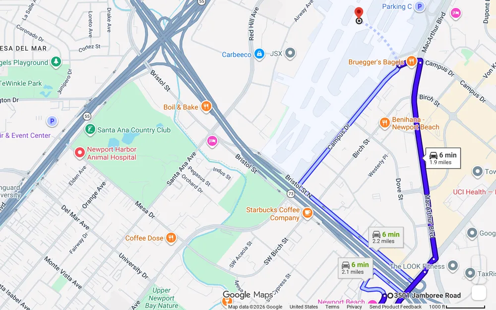 Map showing the driving route from Dr. Hirsch's Newport Beach office to John Wayne Airport